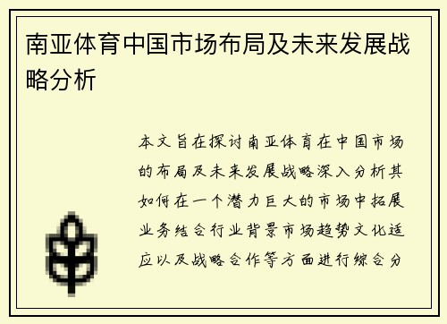 南亚体育中国市场布局及未来发展战略分析