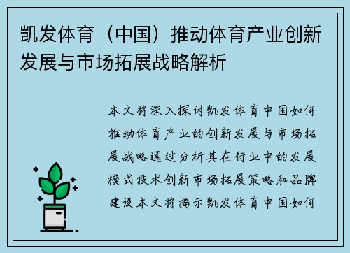 凯发体育（中国）推动体育产业创新发展与市场拓展战略解析