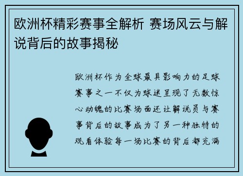 欧洲杯精彩赛事全解析 赛场风云与解说背后的故事揭秘